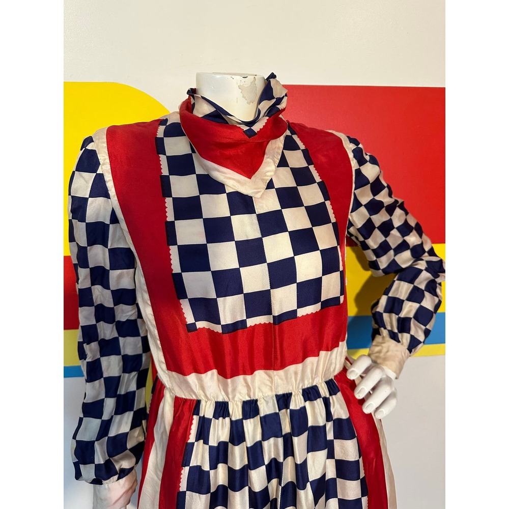 1970s vintage silk Rizkallah for Malcolm Starr checker day dress sz m - Picture 8 of 10